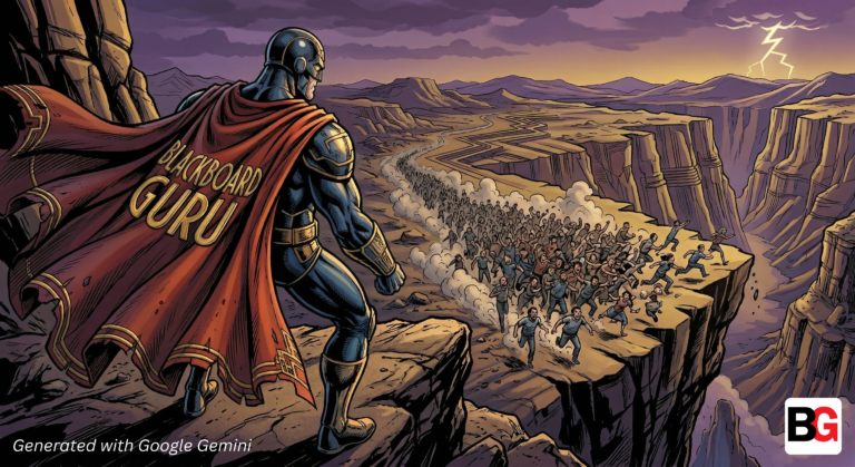 A superhero in a cape labeled Blackboard Guru stands on a cliff, overlooking a crowd crossing a chaotic, winding bridge over a canyon under a stormy sky. Text: Generated with Google Gemini and BG logo appear.